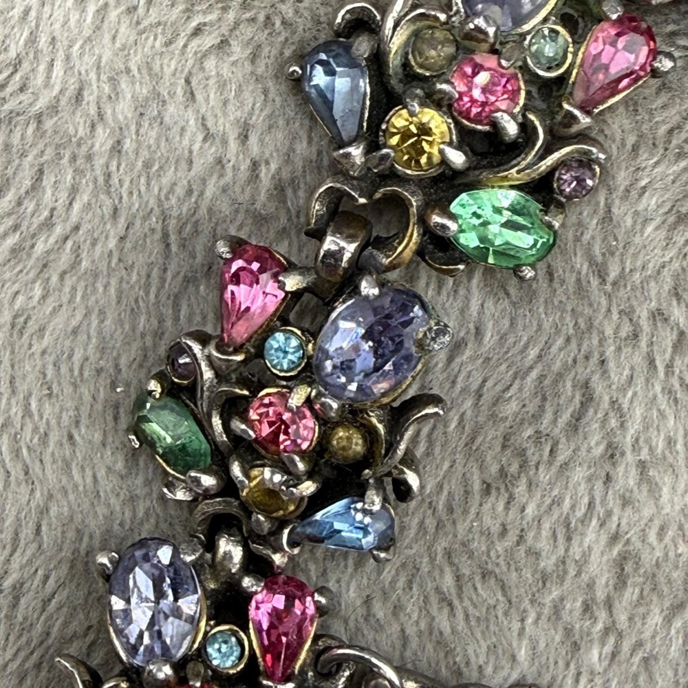 Vintage Hollycraft Bracelet Multi Color Pastel Rhinestone Floral 1950 7in